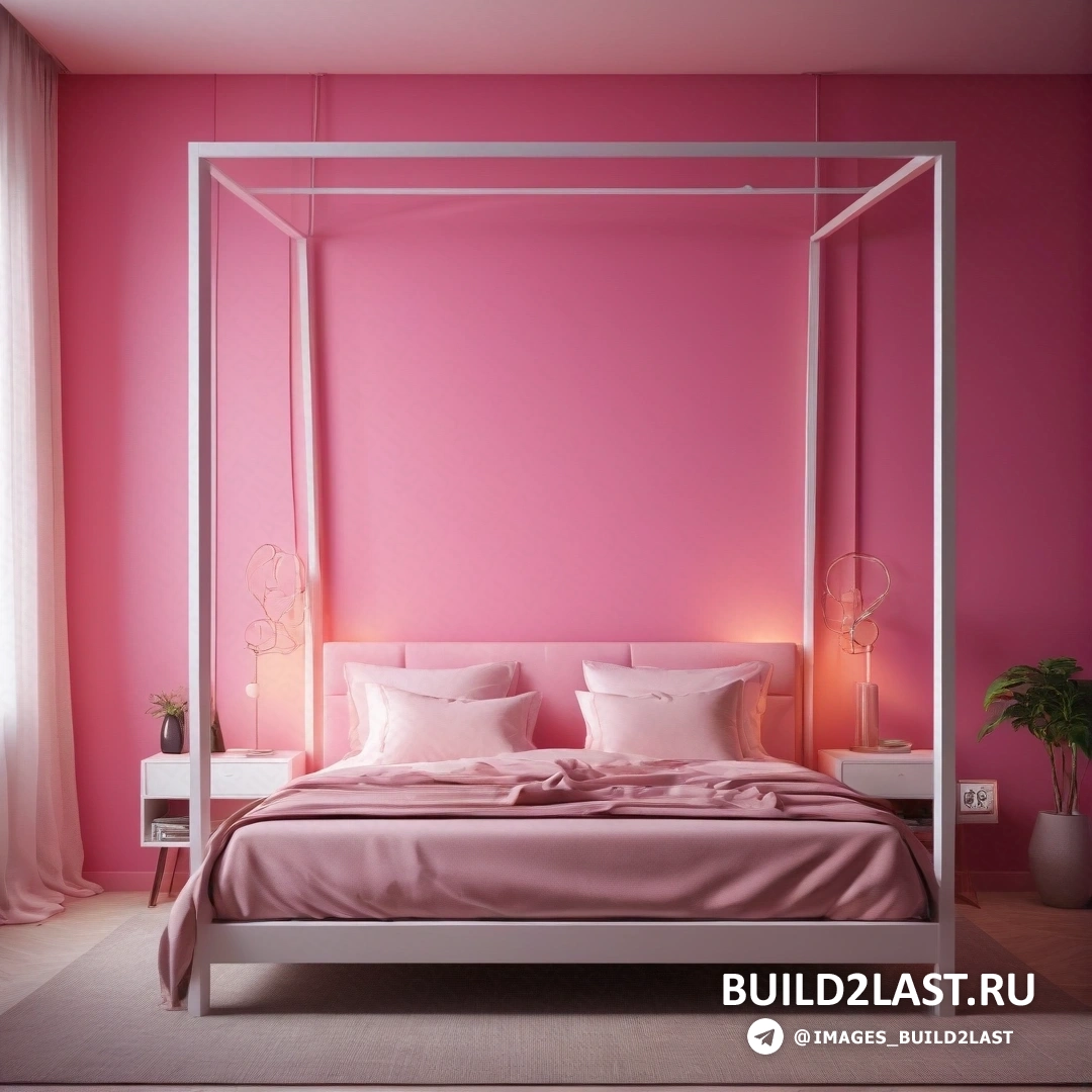 Минимализм - 3D-рендер. Розовая спальня с кроватью с балдахином и розовой стеной и растением в углу комнаты