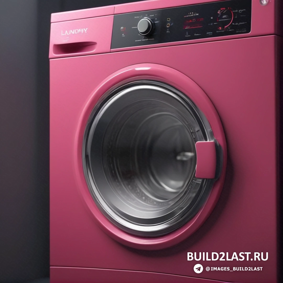 Фотореализм - компьютерная визуализация. Розовая стиральная машина с красной ручкой на передней дверце и черным фоном