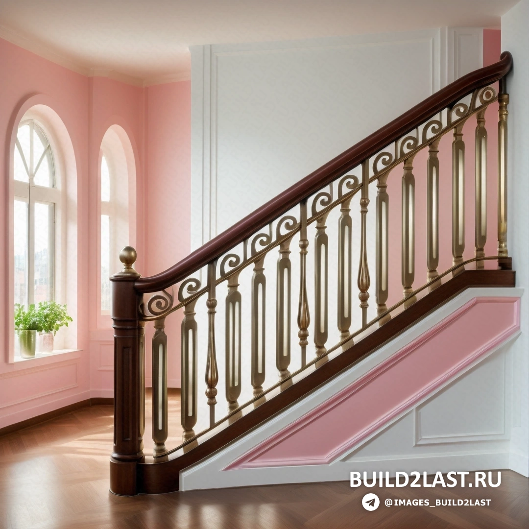 Ар нуво – фламандское барокко. Розово-белая лестница в доме с окном и растением в горшке сбоку от лестницы.