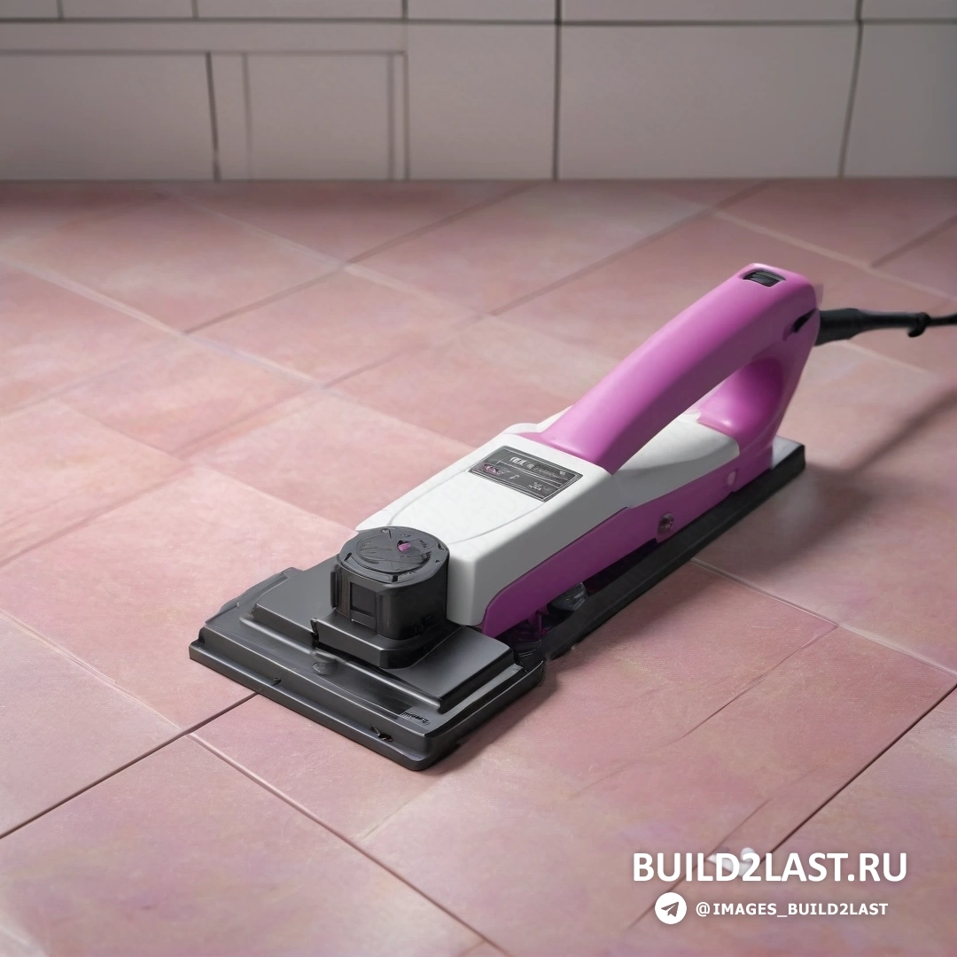 Фотореализм - 3D-рендеринг. Розово-белая паровая швабра на розовом кафельном полу с черной ручкой на головке