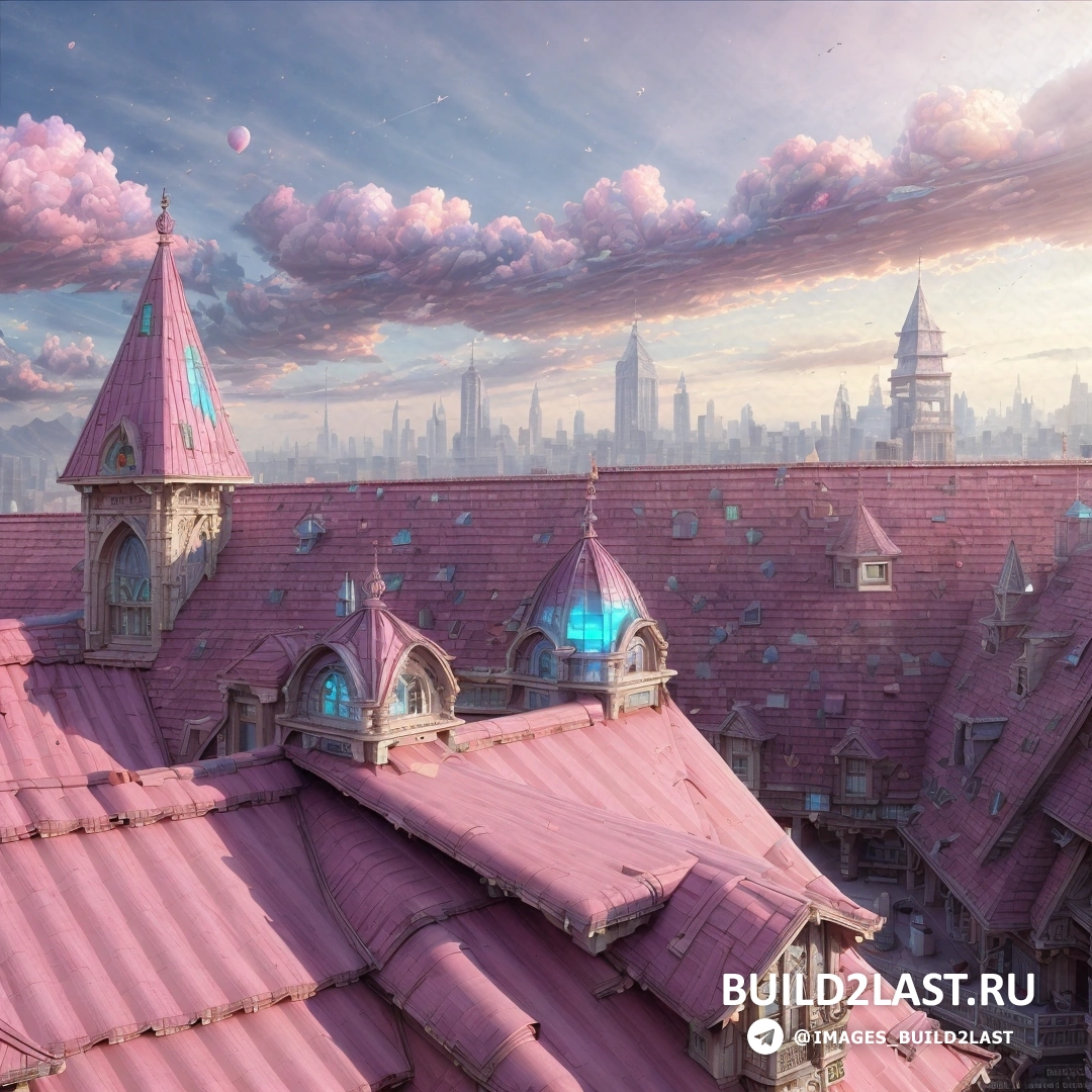 фэнтези-арт - детальная матовая живопись. розовое здание с башней с часами и фоном неба с облаками в небе и городом вдалеке