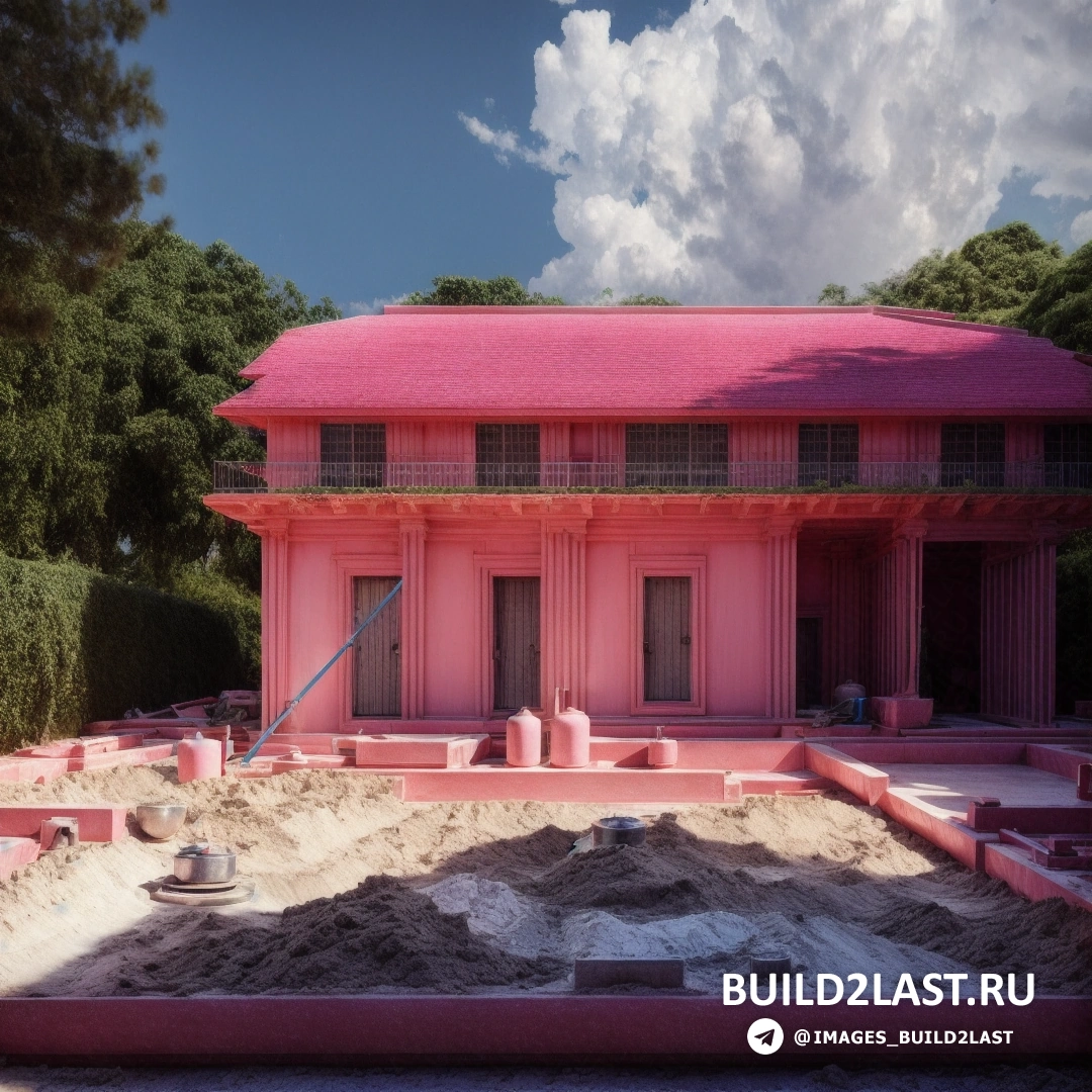Build2Last: гипермодернизм - раскрашенное фото. розовое здание с розовой крышей и кучей песка перед ним и голубое небо с облаками