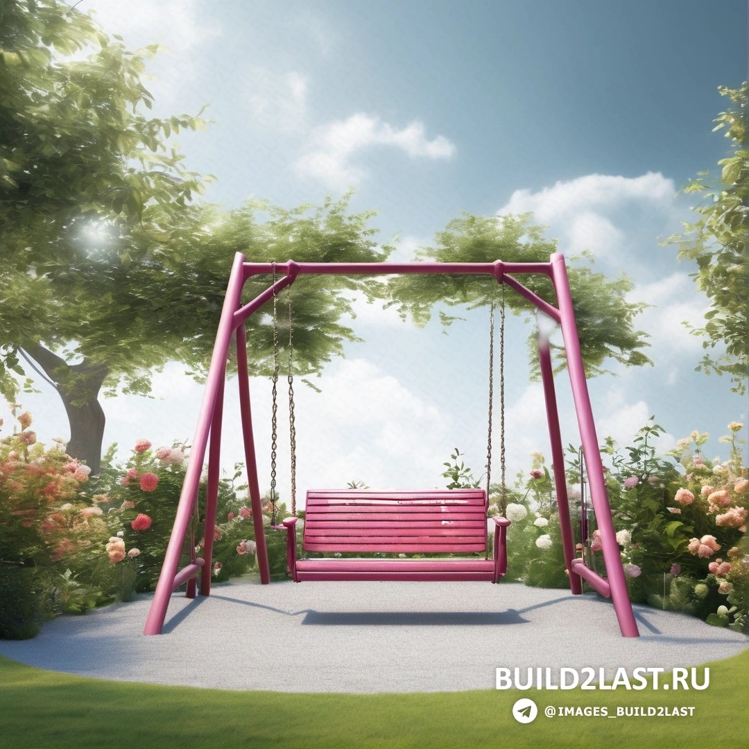 Фотореализм - цифровой рендеринг. Розовые качели в парке с цветами и деревьями на заднем плане.