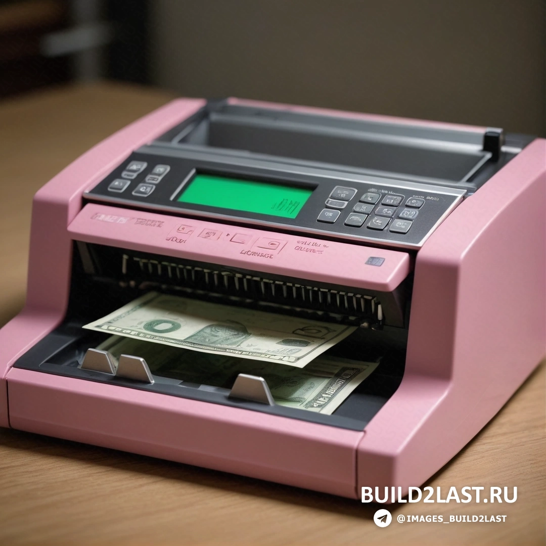 Концептуальное искусство - фотокопия. Розовый автомат с зеленым экраном на нем на столе