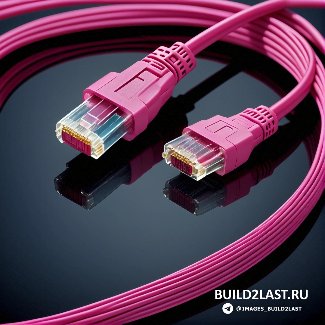 Net art - компьютерный рендеринг. Розовый кабель с двумя концами и красный шнур на черной поверхности с отражением кабеля.