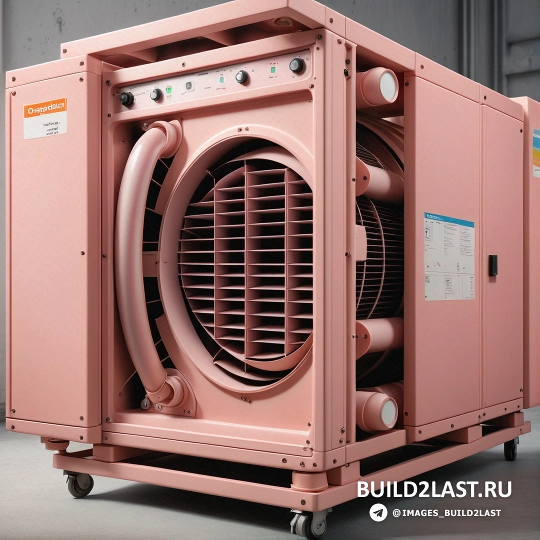 Синхромизм - компьютерный рендеринг. Розовый кондиционер на тележке в здании с большим окном сбоку