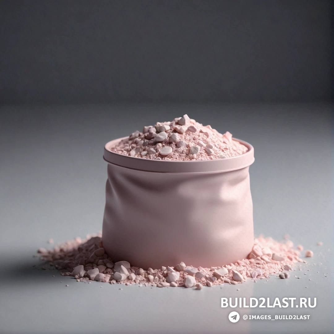 Трансгрессивное искусство - рендеринг с окклюзией окружающего пространства. Розовый контейнер, наполненный розовым порошком, на столешнице с серым фоном