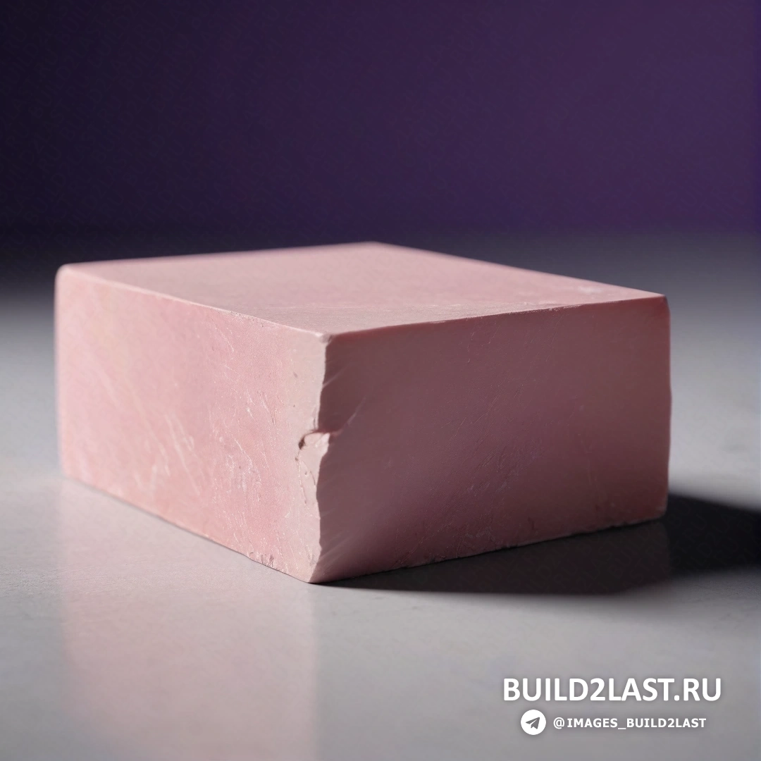 Фотореализм - абстрактная скульптура. Розовый блок мыла на столе рядом с фиолетовой стеной и черным объектом на заднем плане
