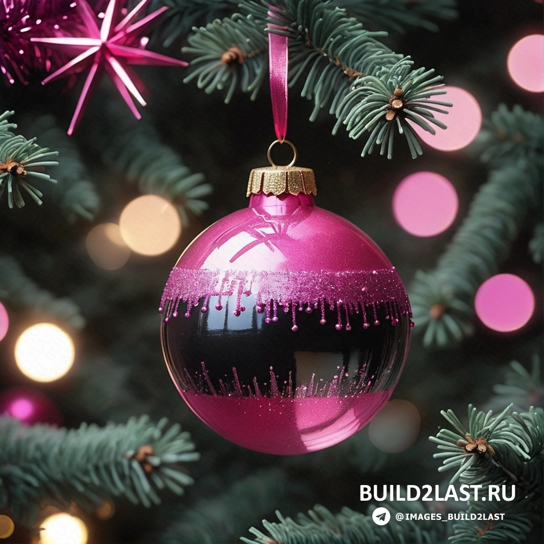 розовый орнамент, свисающий с рождественской елки, с огнями и розовой звездой