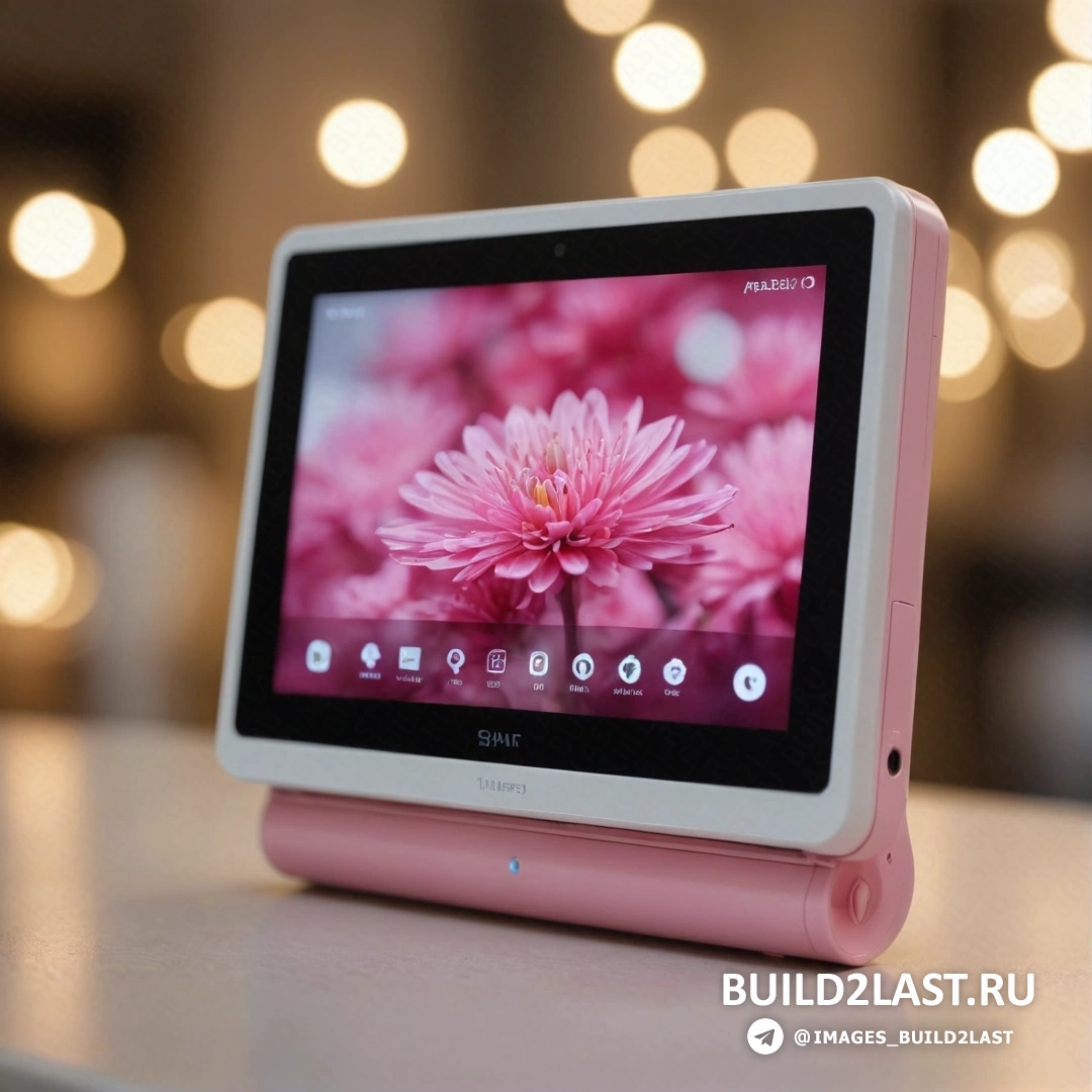 Рококо - компьютерная визуализация. Розовый планшет на столе рядом с цветком на экране планшетного компьютера