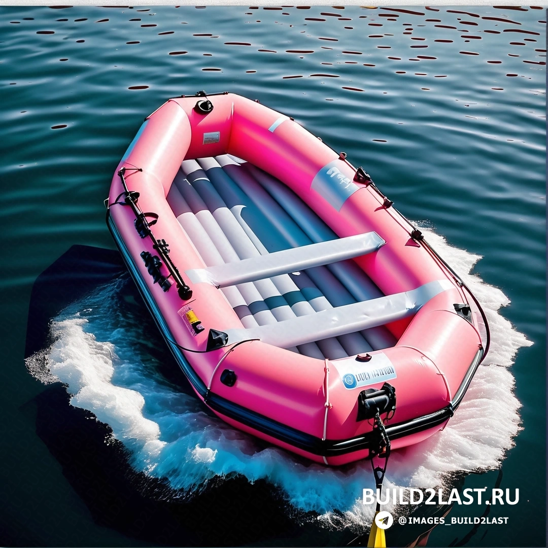 Фотореализм - стоковое фото. Розовый плот плывет на поверхности воды рядом с лодкой с двумя прикрепленными веслами.