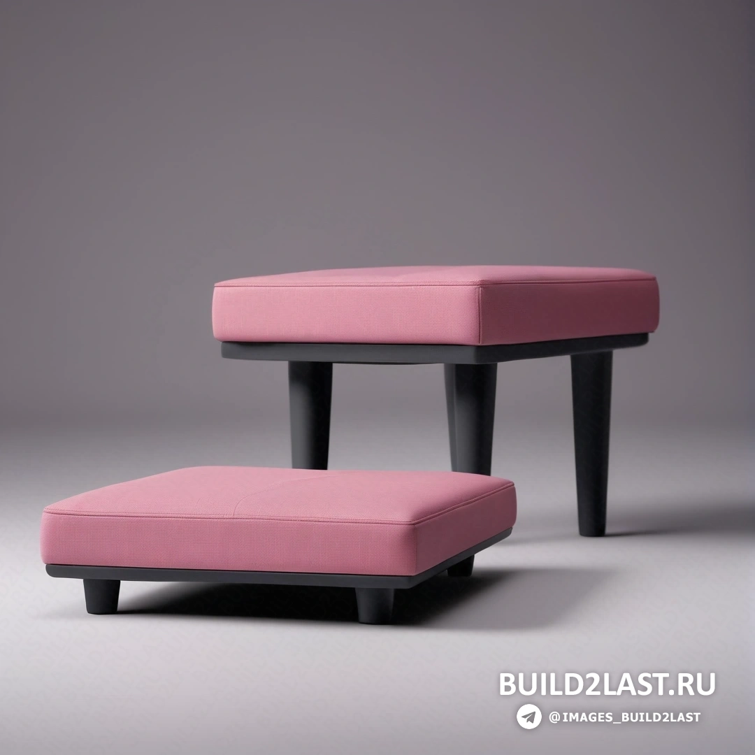 De stijl - фламандское барокко. Розовый пуфик и пуфик с черной рамой и ножками и розовый пуфик и чехол пуфика на сером фоне