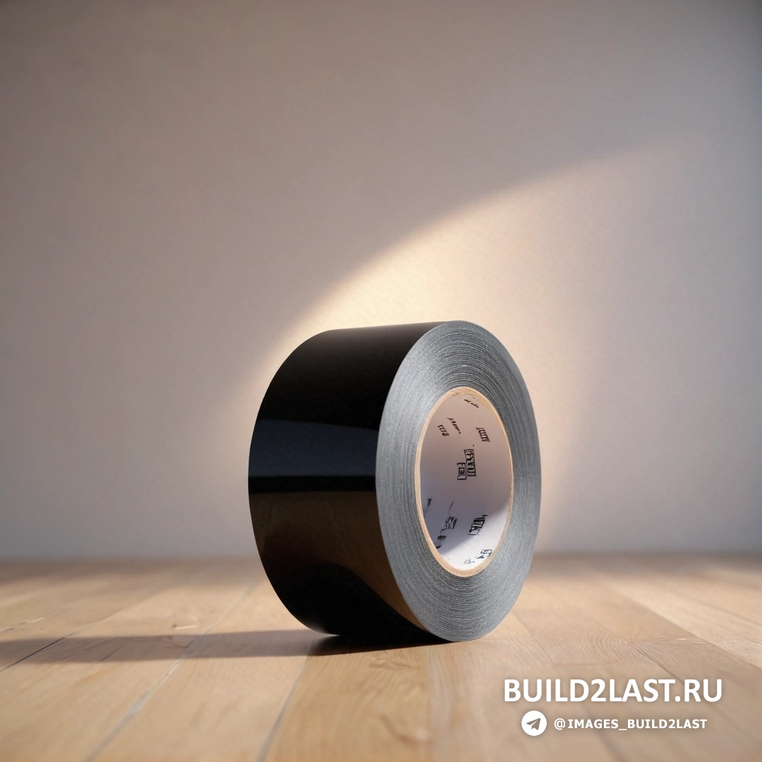 Arbeitsrat für kunst - 3D-рендеринг. Рулон черной ленты на деревянном полу рядом со стеной, через которую проходит свет