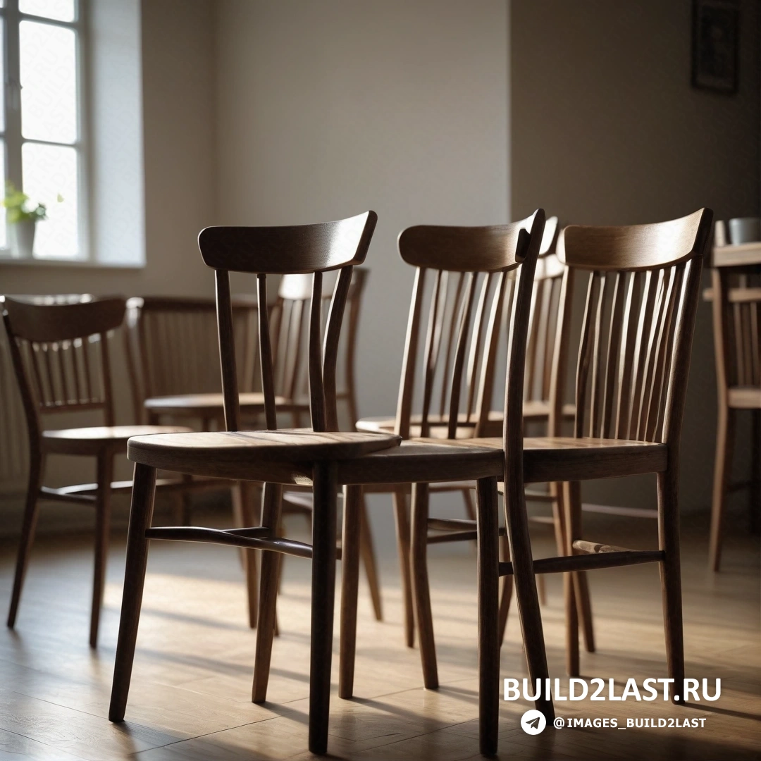 Движение искусств и ремесел - 3D-рендер. Ряд деревянных стульев на твердом деревянном полу рядом с окном в комнате