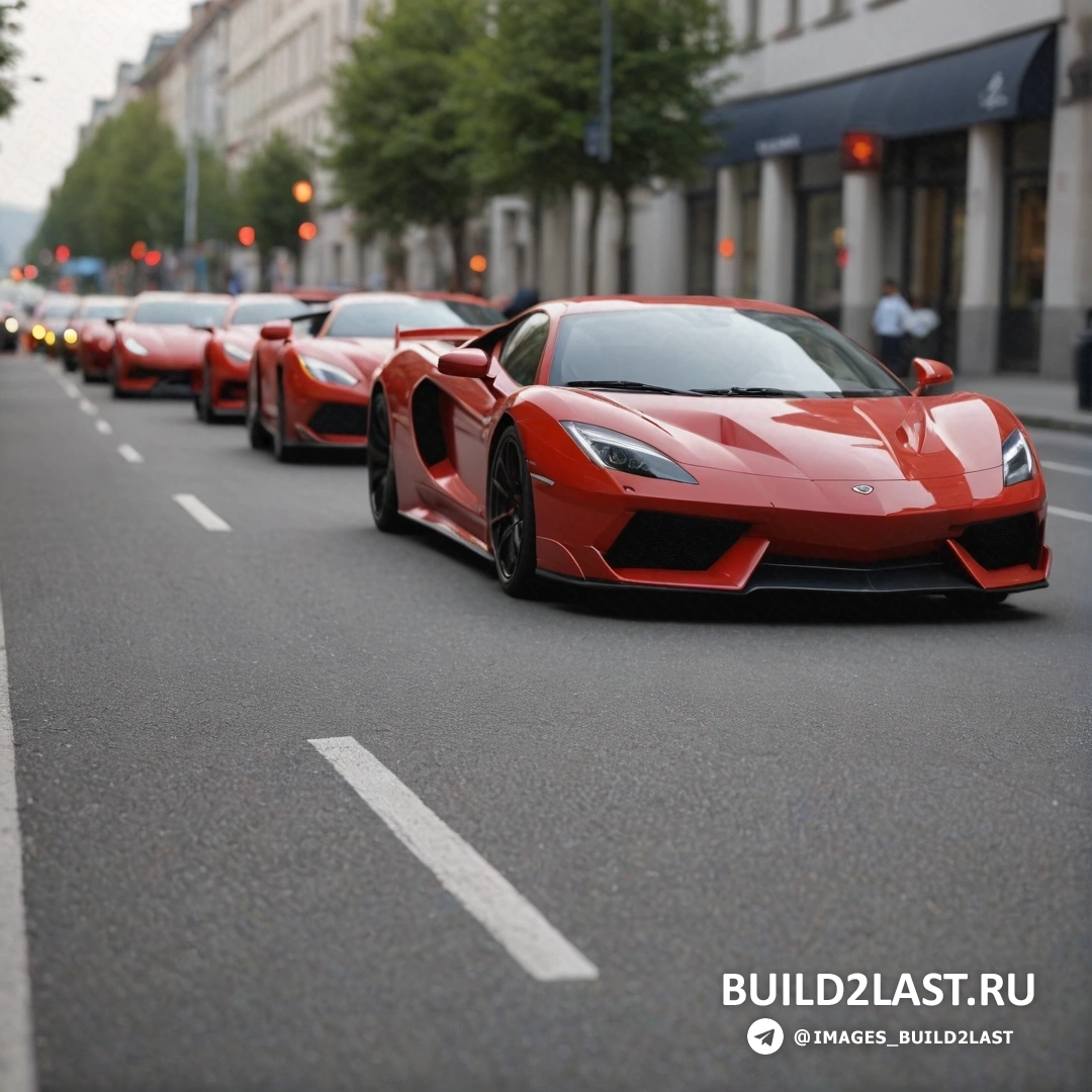 Суперплоский - фото со сдвигом наклона. Ряд красных спортивных автомобилей припаркован на обочине дороги рядом со зданием на углу улицы
