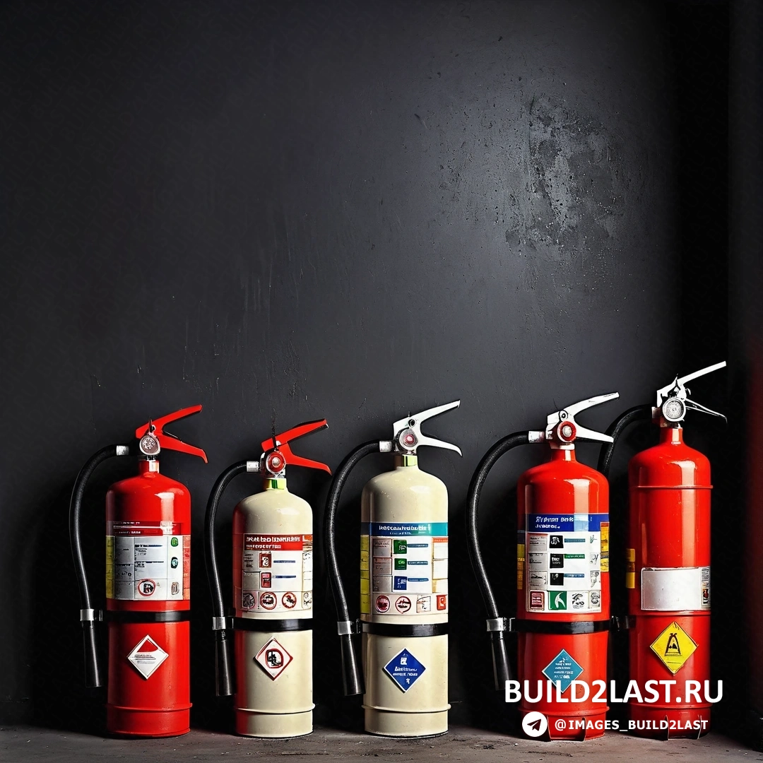 Модульный конструктивизм - стоковое фото. Ряд огнетушителей выстроен в ряд у стены на черном фоне.