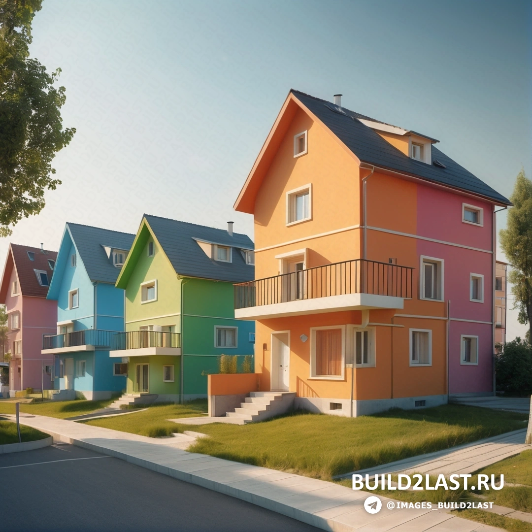 Фотореализм - 3D рендер. Ряд разноцветных домов на углу улицы в жилом районе.