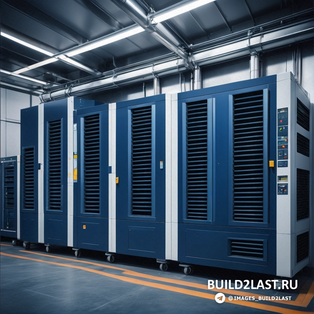 Автоматисты - стоковое фото. Ряд сине-белого электрооборудования на складе или в здании с желтой линией на полу.