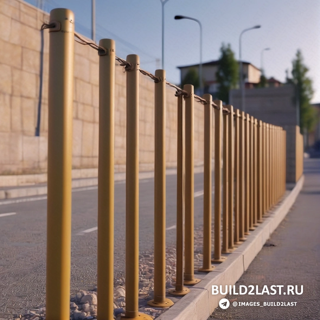 Гиперреализм - детальная матовая живопись. Ряд столбов на обочине дороги возле стены и уличных фонарей в солнечный день