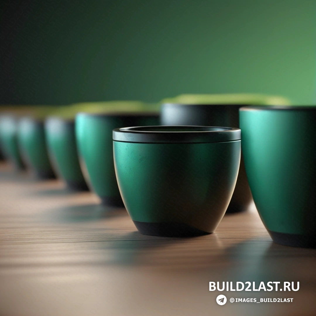 Мингей - 3D-рендер. Ряд зеленых чашек на деревянном столе рядом друг с другом на столешнице