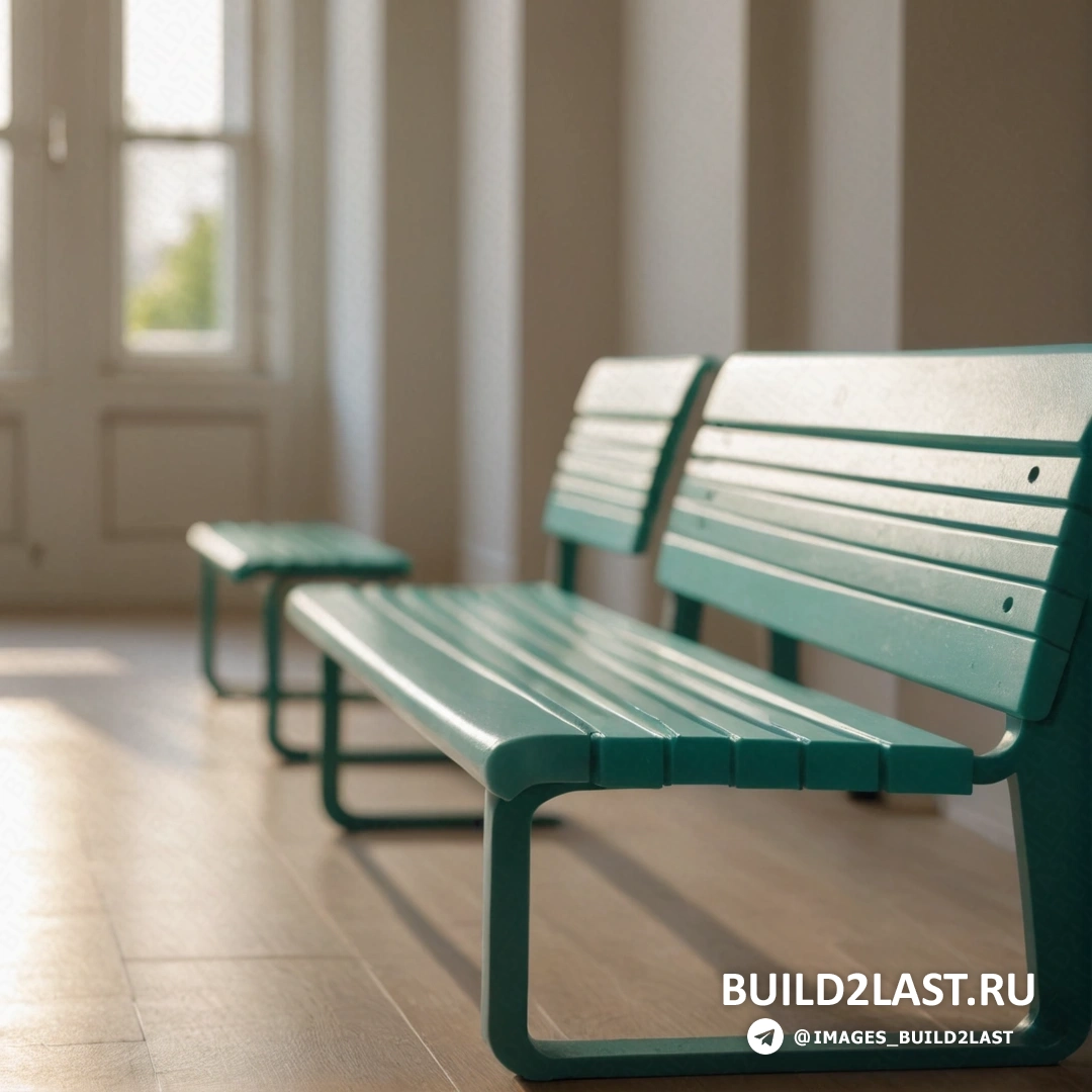 Постминимализм - 3D-рендер. Ряд зеленых скамеек на твердом деревянном полу рядом с окном с белой отделкой