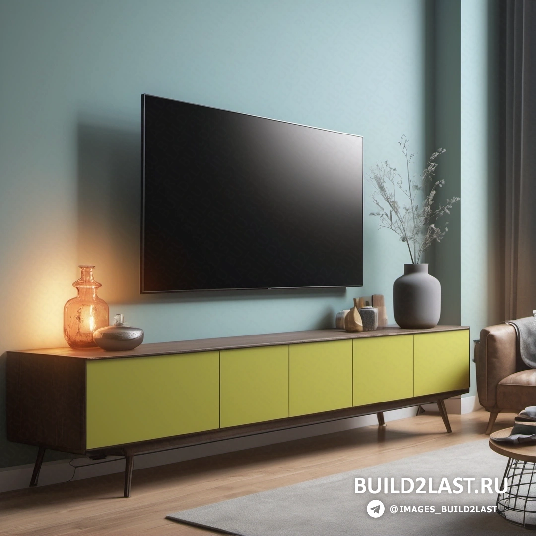 Salon avec une grande t&#233;l&#233;vision &#224; &#233;cran plat accroch&#233;e au mur au dessus d'un meuble jaune et une chaise marron
