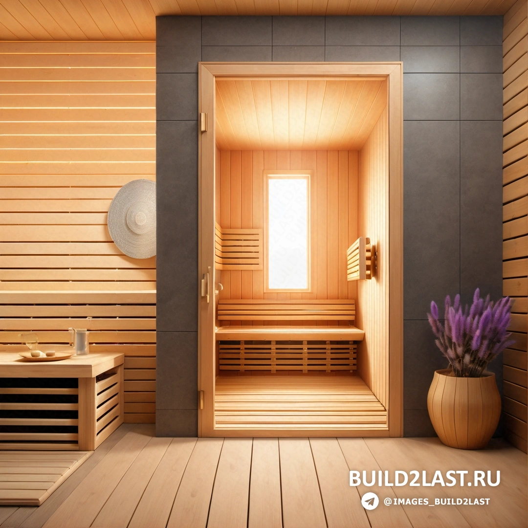 Фотореализм - рендер Ambient occlusion. Сауна со скамейкой и вазой с цветами и шляпой на стене позади нее.