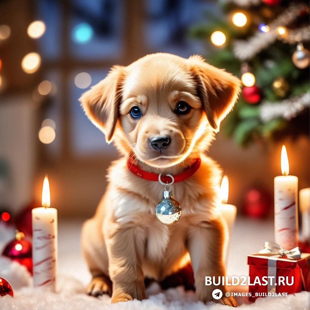 щенок перед рождественской елкой со свечами и подарками