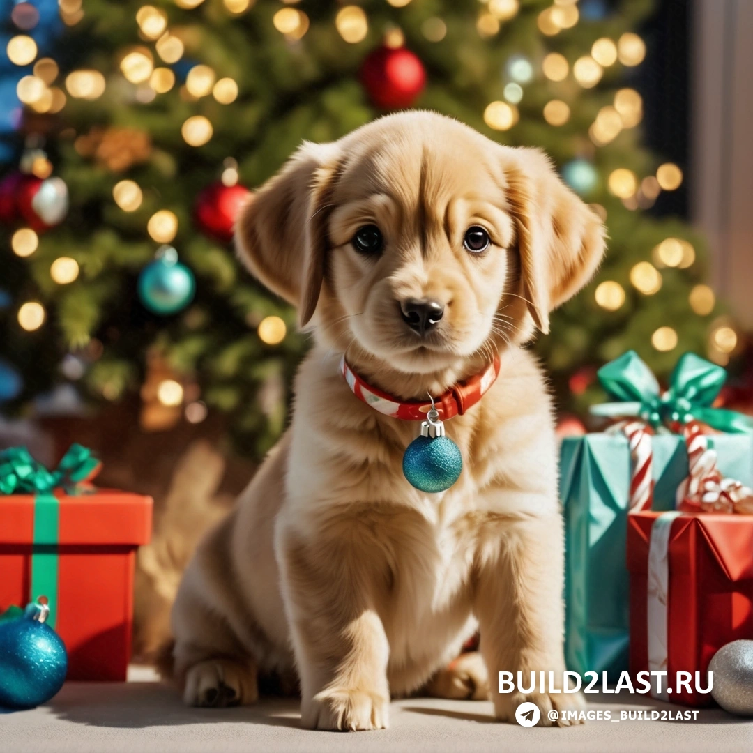 щенок перед рождественской елкой с подарками