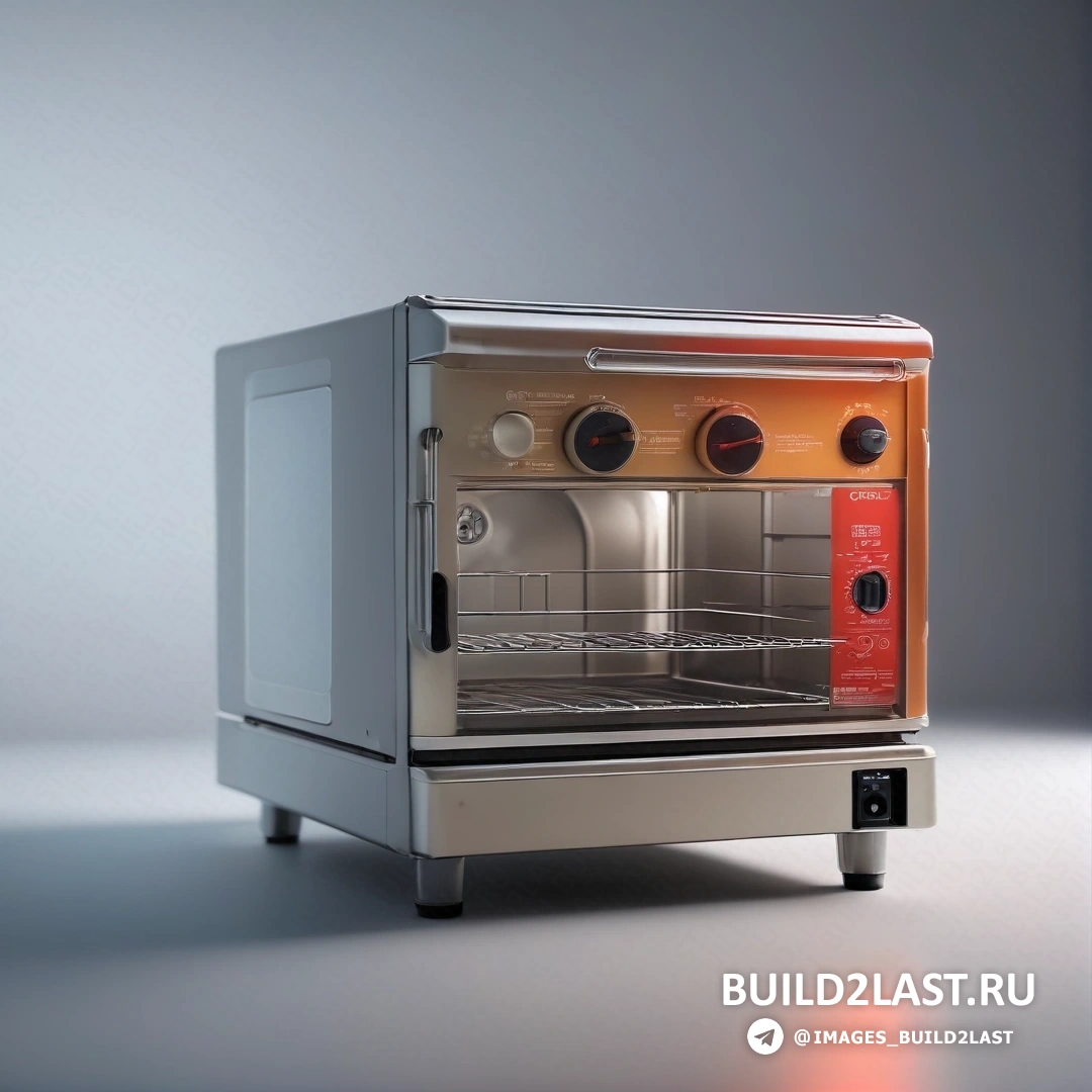 Фотореализм - компьютерная визуализация. Серебристо-оранжевая духовка с красной дверцей сбоку
