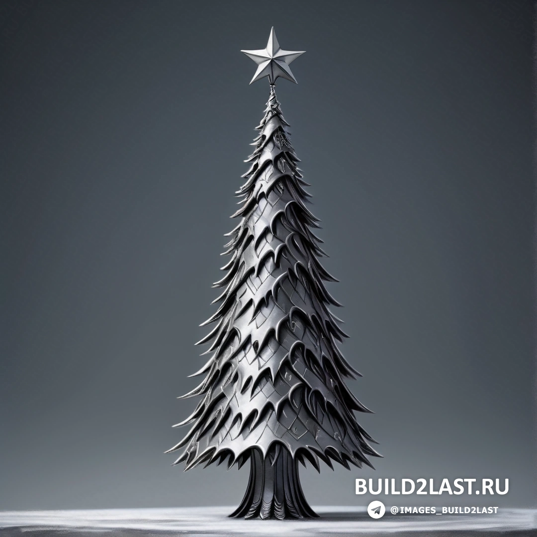 серебряная рождественская елка со звездой на вершине, на сером фоне с отражением елки