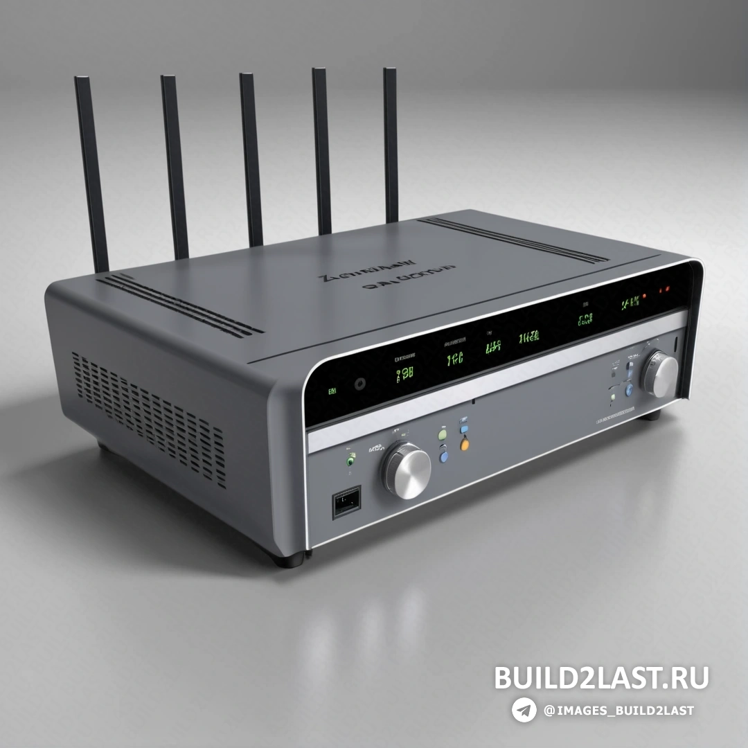 Фотореализм - компьютерный рендеринг. Серебряное электронное устройство с четырьмя антеннами сверху, на белой поверхности, на сером фоне.