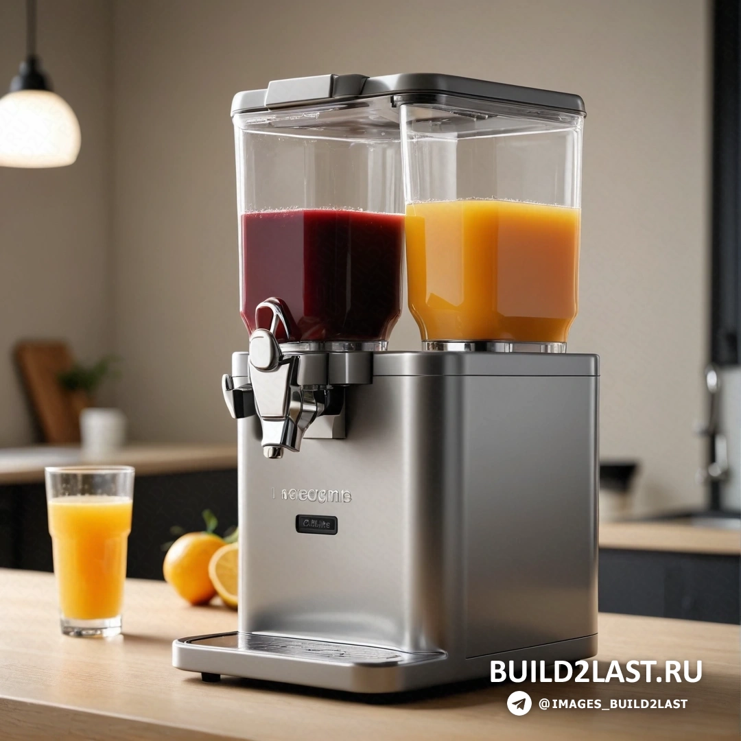 Частная пресса - компьютерная визуализация. Серебряный блендер, наполненный апельсинами и соками, на столе рядом со стаканом апельсинового сока