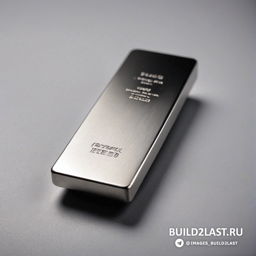 Mingei - 3D-рендер. Серебряный брусок на столе рядом с черным предметом с белой надписью