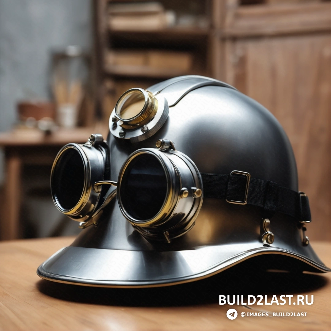 Новая объективность - 3D рендер. Шлем с очками на деревянном столе в комнате с деревянным столом.