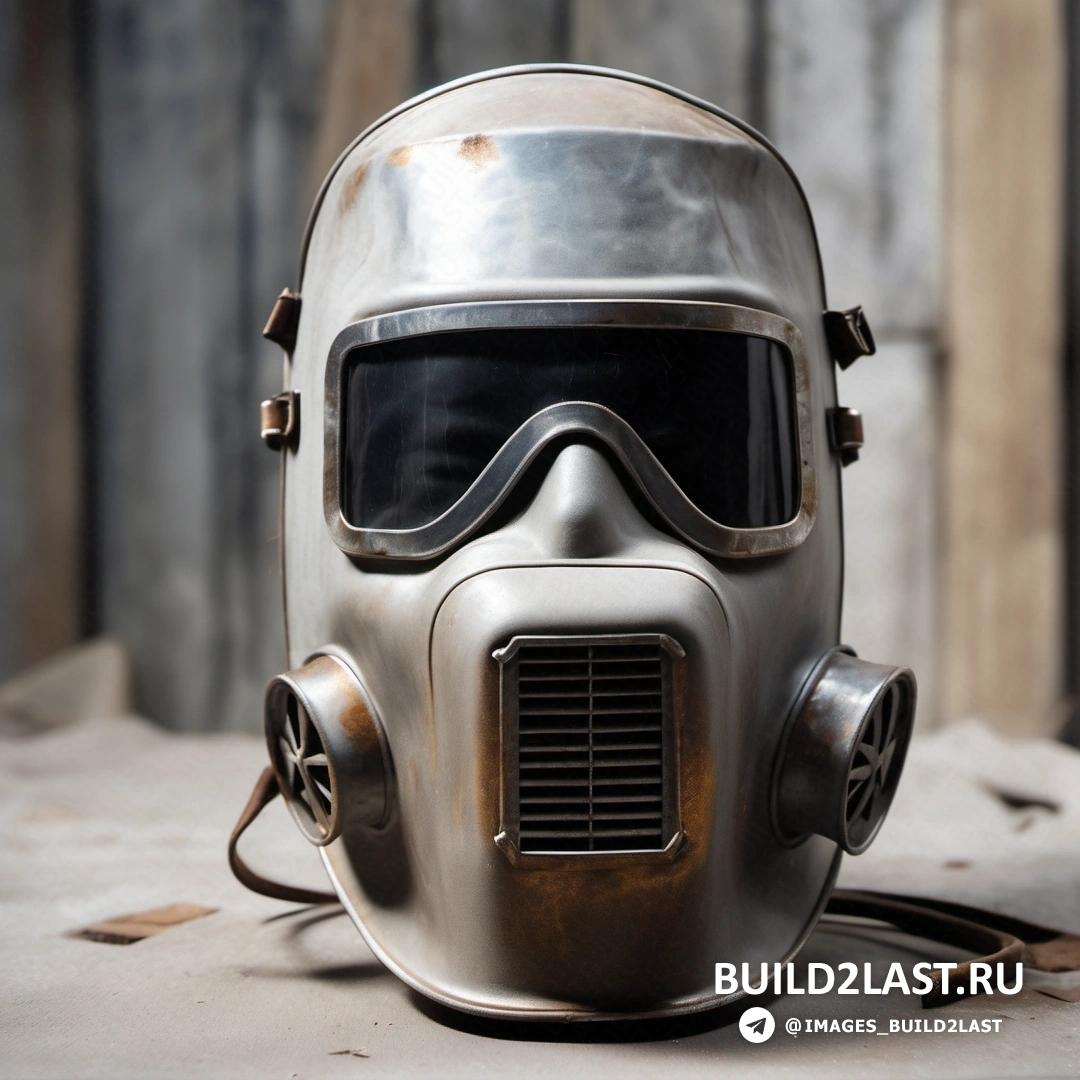 Ядерное искусство - портрет персонажа. Шлем с противогазом на столе рядом со стеной с деревянной доской.