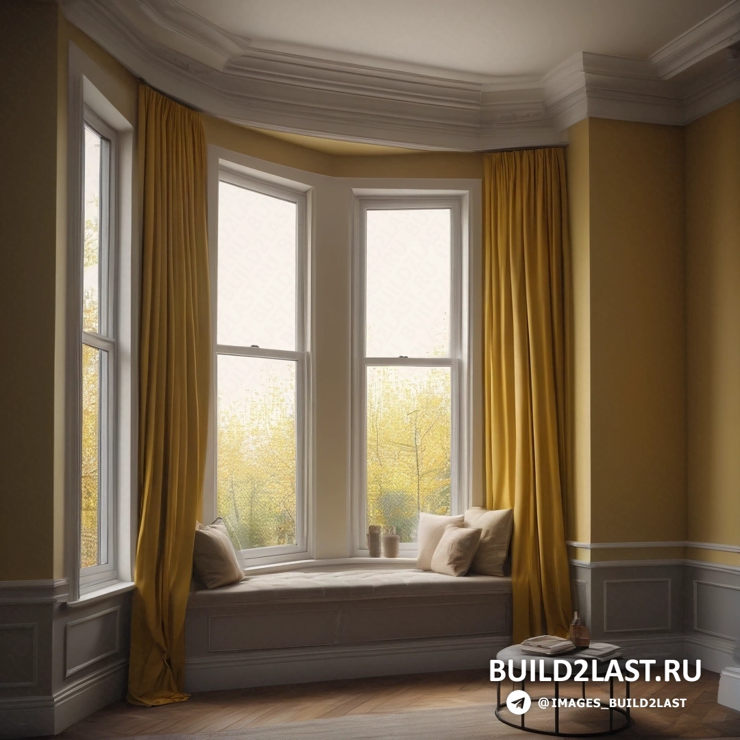 Фотореализм - 3D визуализация. Сиденье у окна с подушкой и столиком перед ним