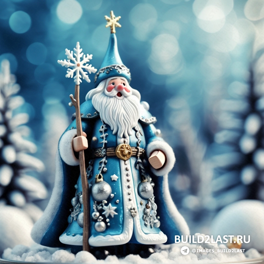 сине-белая фигурка Санта-Клауса с посохом в заснеженном лесу