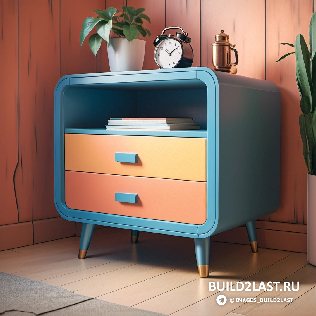 Фотореализм - 3D рендер. Сине-оранжевый комод с часами на нем.