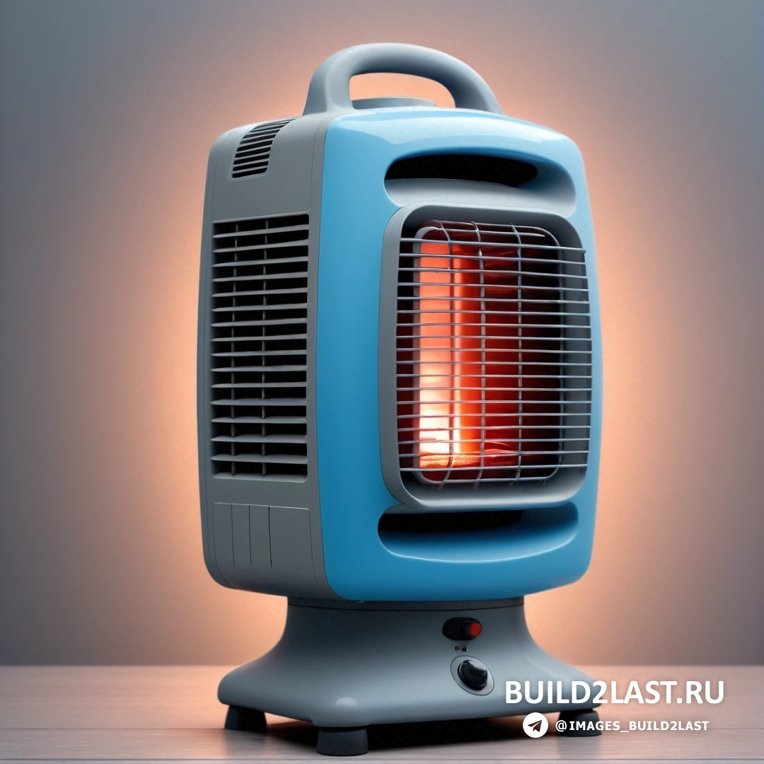 Фотореализм - 3D-рендер. Сине-серый обогреватель на столе рядом с настенным обогревателем на деревянном столе