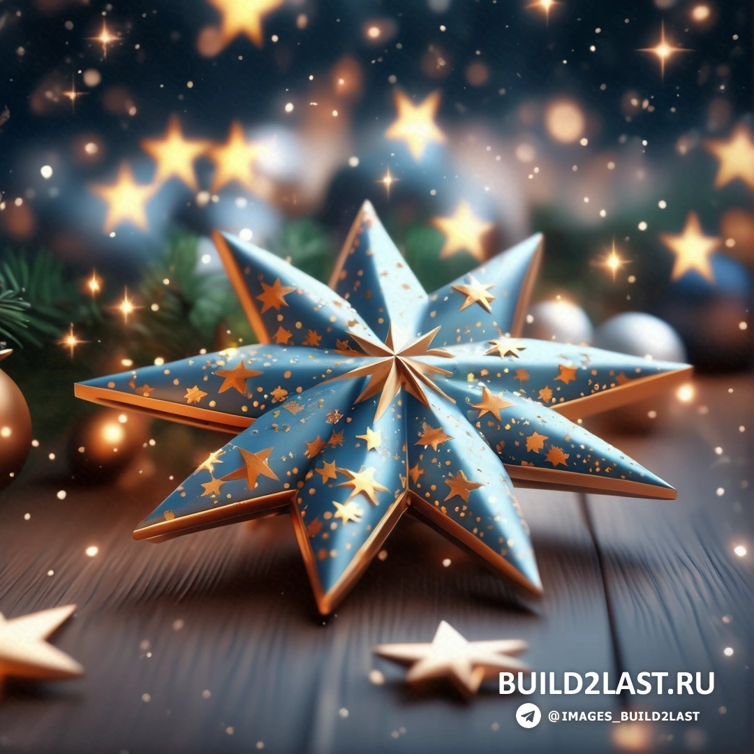 сине-золотая звезда на деревянном столе с рождественскими украшениями и звездами на полу