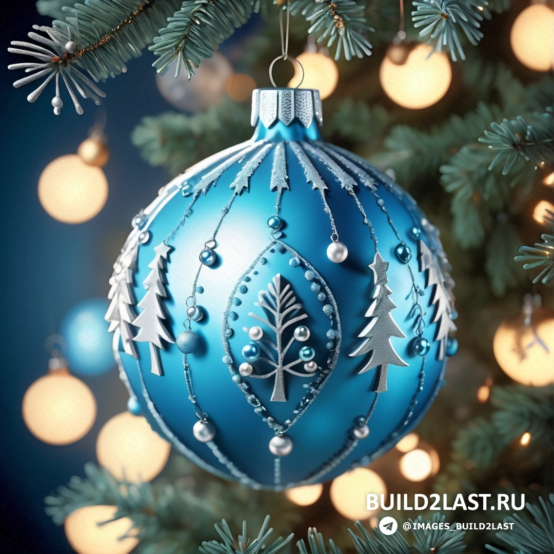 синее рождественское украшение, свисающее с елки, на фоне огней