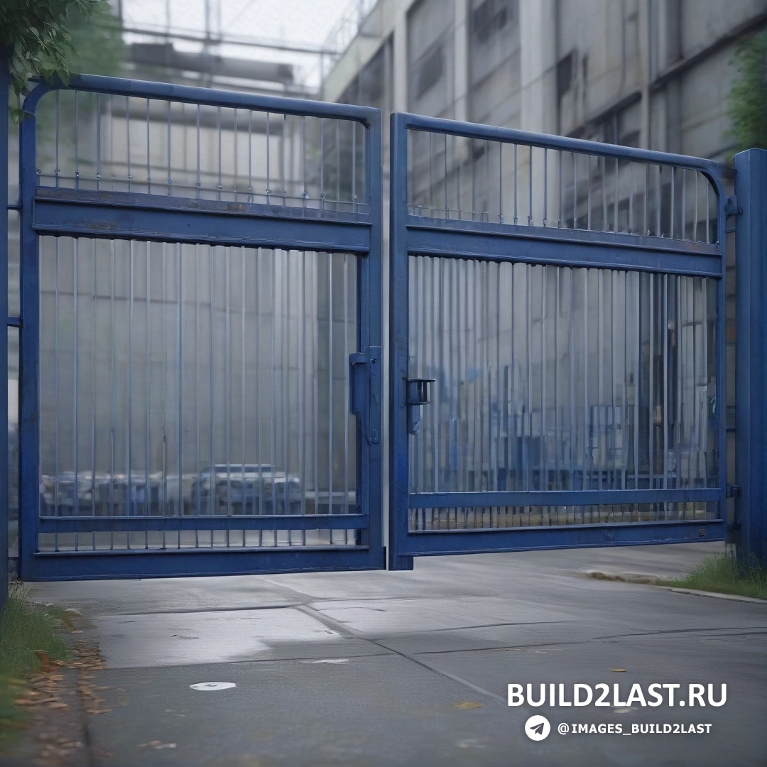 Фотореализм - детальная матовая живопись. Синие ворота с часами на них рядом со зданием с большим окном и забором на стороне улицы