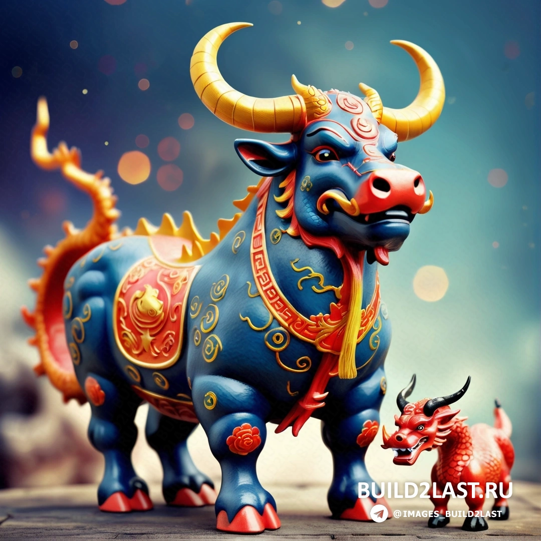 синий бык и статуя красного быка на столе с синим фоном и красно-золотым декором