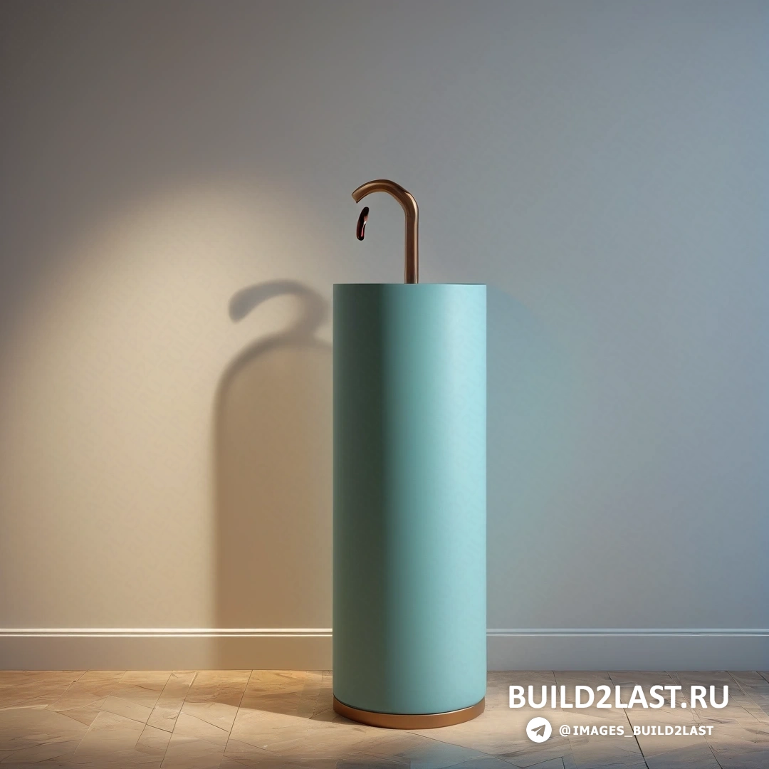 Постминимализм - 3D-рендер. Синий цилиндр с деревянной ручкой и светло-голубой держатель для зонта на полу в комнате с белой стеной