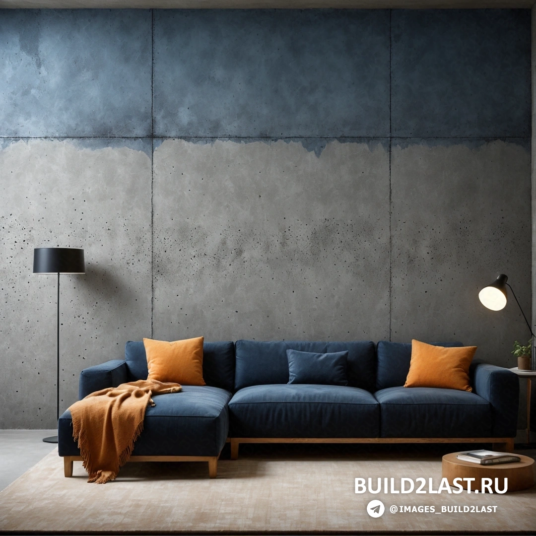Concrete art - сверхтонкая детальная роспись. Синий диван с оранжевыми подушками в комнате с бетонными стенами и лампой на столе.