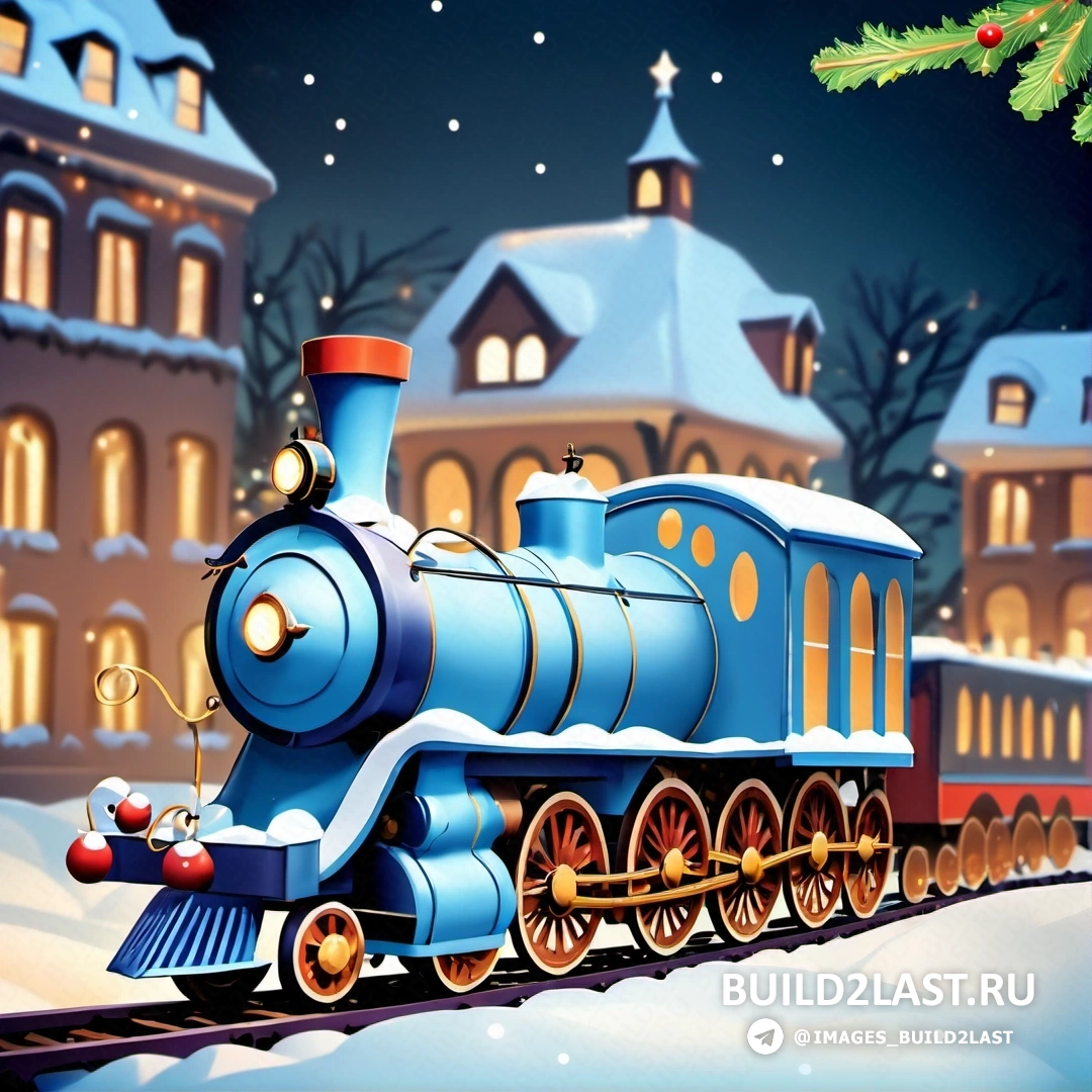 синий поезд движется по снегу возле рождественской елки и здания с включенными огнями