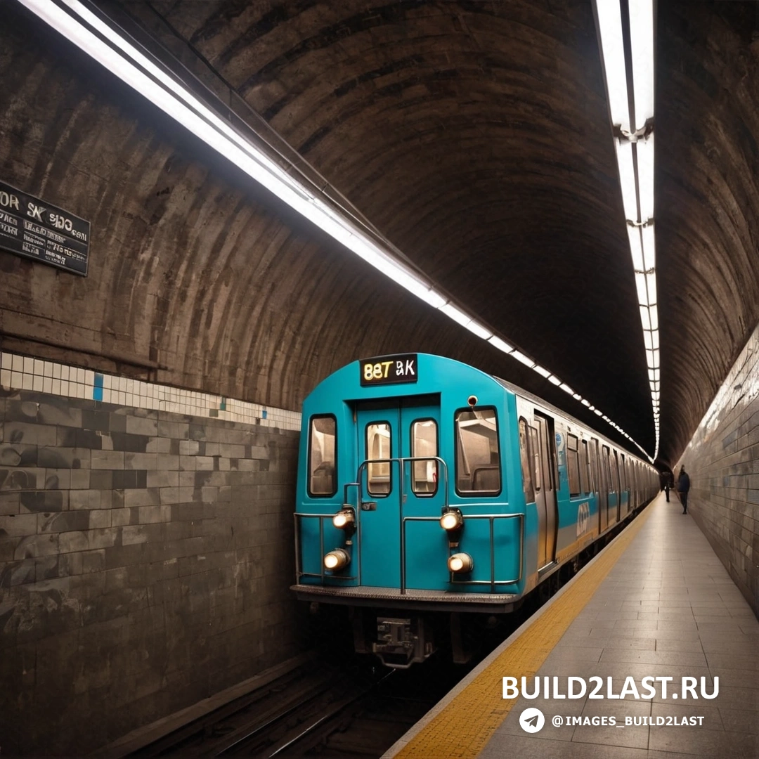 Подземный комикс - фото со сдвигом наклона. Синий поезд спускается по рельсам в туннеле с желтой линией на стороне пути