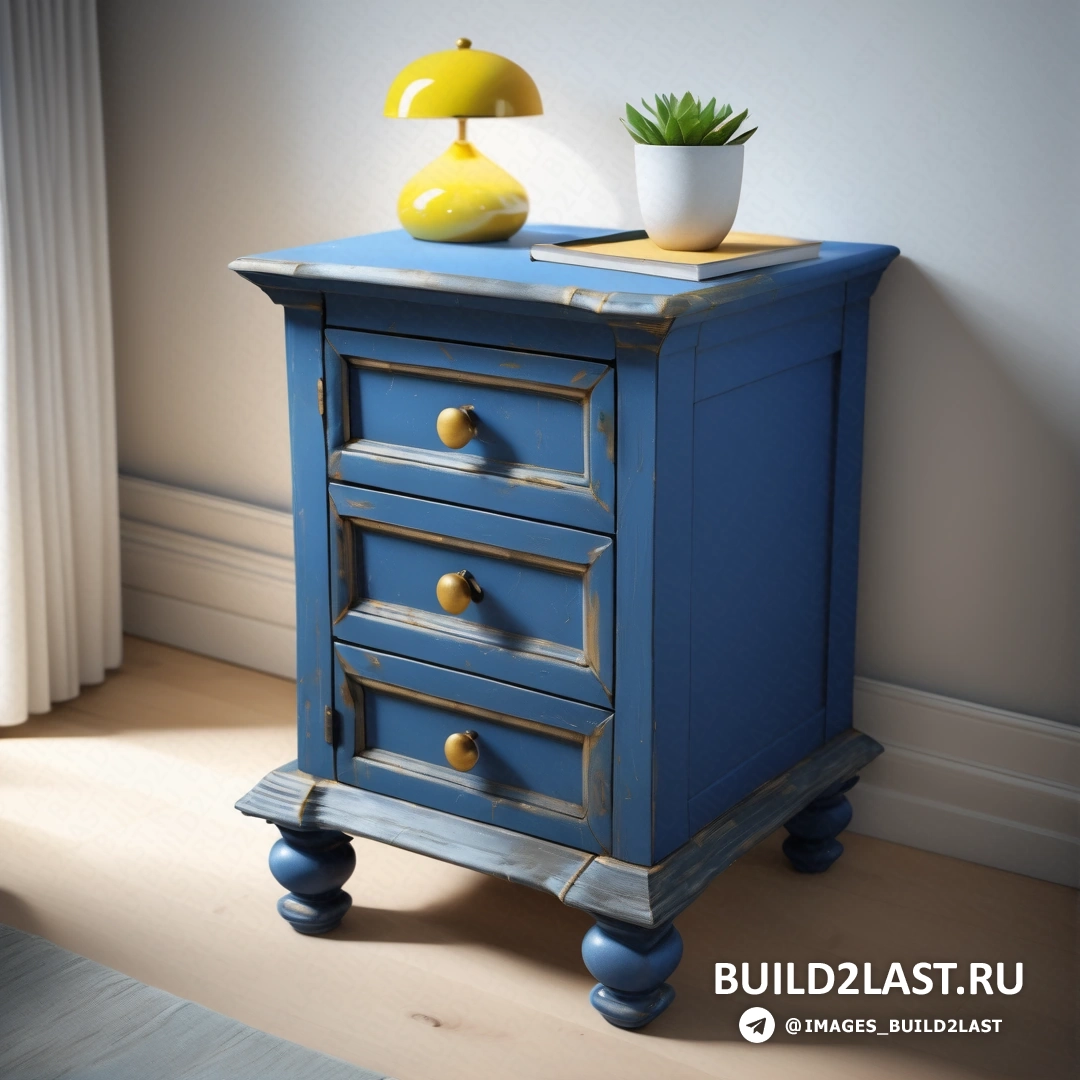 Фотореализм - 3D рендер. Синий шкаф с растением в горшке наверху.