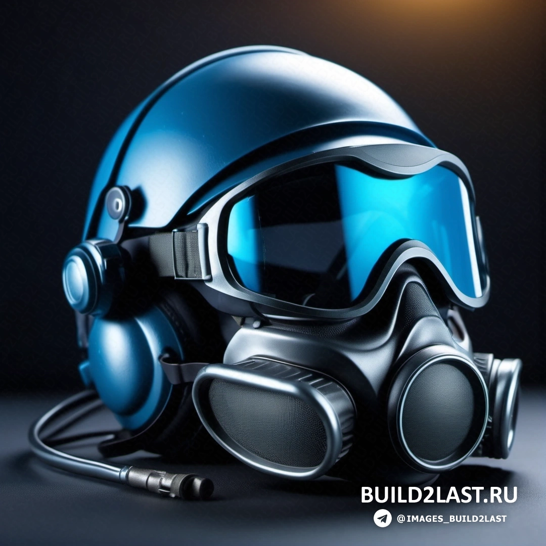 Космический арт - рендер Ambient occlusion. Синий шлем и очки лежат на столе со светом на заднем плане.